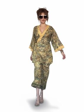 Boho Two Piece Set Wide Leg Pants Wrap Top Beaded Fringe - Small